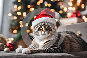 xmas theme Cat wearing a Santa hat with Christmas decorations in the background