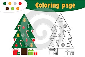 Xmas tree in cartoon style, christmas coloring page, education paper game for the development of children, kids preschool activity