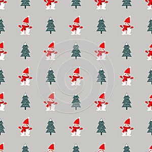 Xmas tree and cute snowman seamless pattern on grey background.