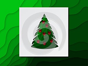 Xmas tree with red balls. New Year poster, banner, postcard, invitation. Background in paper cut style.