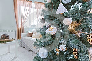 Xmas tree and room holiday interior. New Year and Merry Christmas at home background.