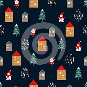 Xmas tree, Santa Claus, houses and cute snowman seamless pattern on dark blue background.