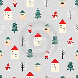 Xmas tree, Santa Claus, houses and snowman cute seamless pattern on grey background.
