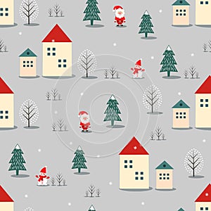 Xmas tree, Santa Claus, houses and snowman seamless pattern on grey background.
