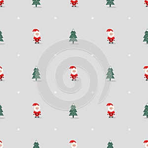 Xmas tree, Santa Claus and snowflakes cute seamless pattern on grey background.