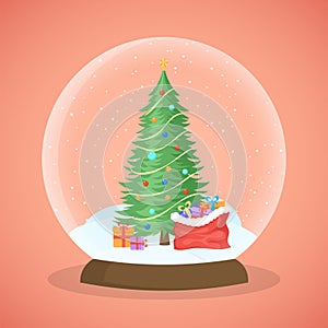 Xmas tree snow ball vector illustration. Crystal glass globe, Christmas toy, New Year decoration on pink background