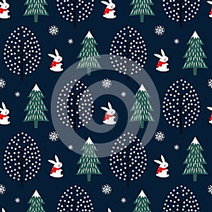 Xmas tree, snowflakes, rabbit seamless pattern on dark blue background.