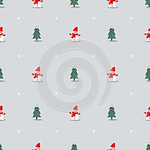 Xmas tree, snowman and snowflakes cute seamless pattern on grey background. Vector