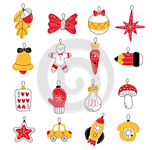 Xmas tree toys. Different new year decorative isolated elements, christmas fancy trinkets, festive accessories, holiday