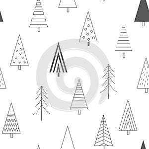 Xmas trees seamless pattern. Scandinavian winter background with abstract pine trees. Vector outline illustration
