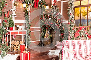 Xmas vintage interior with tree, wood, boxes and toys