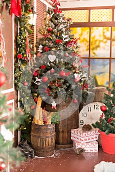 Xmas vintage interior with tree, wood, boxes and toys