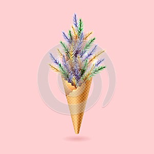 Xmas waffle cone with coniferous branches. Lush branch of Christmas tree. Colorful evergreen realistic pine for festive