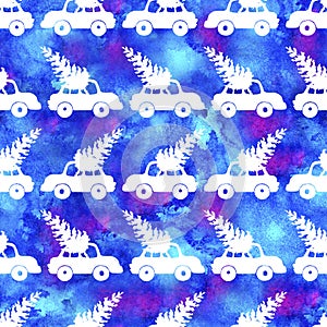 XMAS watercolor Pine Tree and Car Seamless Pattern in Blue Color. Hand Painted fir tree background or wallpaper for
