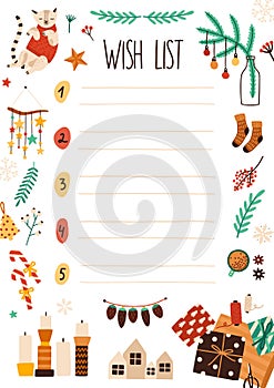 Xmas wish list flat vector illustration. Notebook sheet page with festive decorations. Santa Claus letter design with