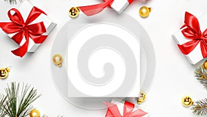 Xmas wreath. White gifts with red bow, golden balls and Christmas tree in xmas decoration on white background for greeting card.