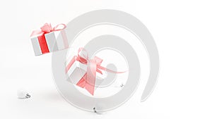 Xmas wreath. White gifts with red ribbon and New Year balls in Christmas decoration on white background for greeting card. Xmas