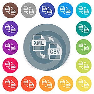 XML CSV file conversion flat white icons on round color backgrounds