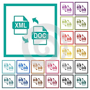 XML DOCX file conversion flat color icons with quadrant frames