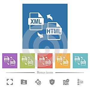 XML HTML file conversion flat white icons in square backgrounds