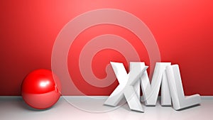 XML white 3D write at red wall with a red sphere - 3D rendering