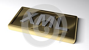 XML write in chrome letters on a brass metallic tag - 3D rendering illustration
