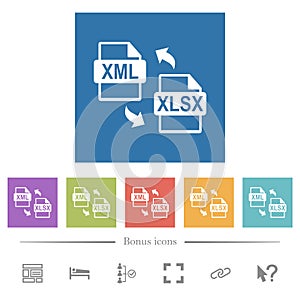 XML XLSX file conversion flat white icons in square backgrounds