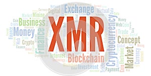 XMR or Monero cryptocurrency coin word cloud.