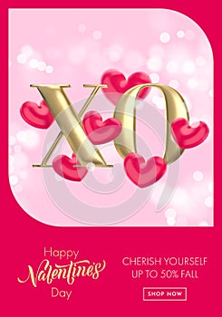 XO gold text for Valentine's day sale banner background. Hugs Kisses concept of Valentines day with red heart balloon pink