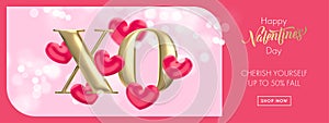 XO gold text for Valentine's day sale banner background. Hugs and Kisses pink