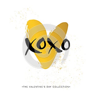 Xo Xo. Valentines day calligraphy gift card. Gold heart. Hand dr