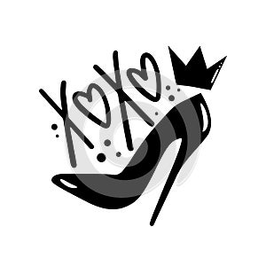 Xoxo - high heel shoe and crown vector illustation for women.