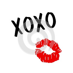 XOXO - hugs and kisses . Lip kiss. Red female lips. Valentines day. Vector photo