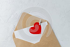 Xraft envelope, blank love note with clipped red paper heart