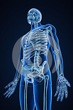Xray image of low angle anterior or front view of accurate human skeletal system or skeleton with male body contours on blue