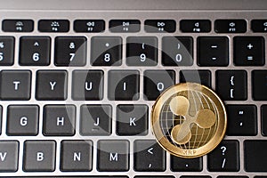 XRP is alternative cryptocurrency on computer laptop keyboard background with copy space. XRP is Cryptocurrency as Bitcoin is new