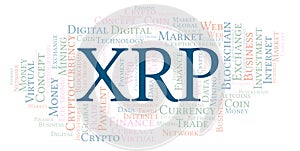 XRP or Ripple cryptocurrency coin word cloud.