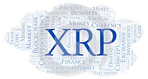 XRP or Ripple cryptocurrency coin word cloud.