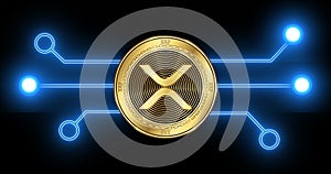 XRP XRP cryptocurrency coin with glowing blockchain transaction schematic