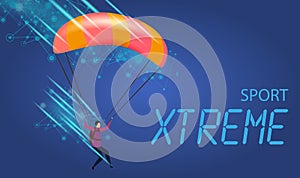 Xtreme Sport Banner. Young Man with Parachute Fly