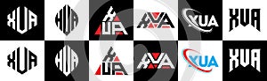 XUA letter logo design in six style. XUA polygon, circle, triangle, hexagon, flat and simple style with black and white color photo