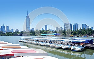 Xuanwu Lake and city skyline in Nanjing, China