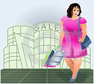 XXL Plus size shopping woman, vector