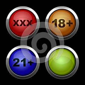 Xxx buttons icons set. Red, orange, blue and