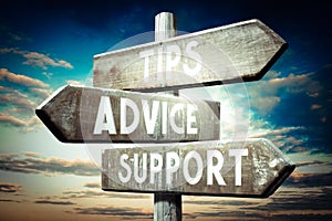Tips, advice, support - wooden signpost, roadsign with three arrows