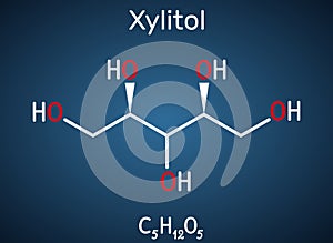 Xylitol,  C5H12O5 molecule. It is polyalcohol and sugar alcohol, an alditol. Is used as food additive E967 and sugar substitute. photo