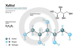 Xylitol. Food additive E967. Sugar alcohol. Alditol and Sugar substitute. Polyalcohol. C5H12O5. Structural Chemical Formula