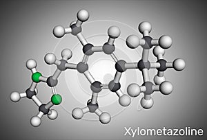 Xylometazoline, xylomethazoline molecule. It is used for the treatment of nasal congestion. Molecular model. 3D rendering