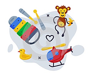 Xylophone, Helicopter, Monkey Baby Toys Set, Kids Game Various Objects Cartoon Vector Illustration