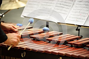 Xylophone, marimba or mallet player with sticks,